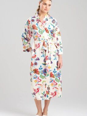 Natori Fleur Dragon Floral Robe with Tie Sash & Pockets
